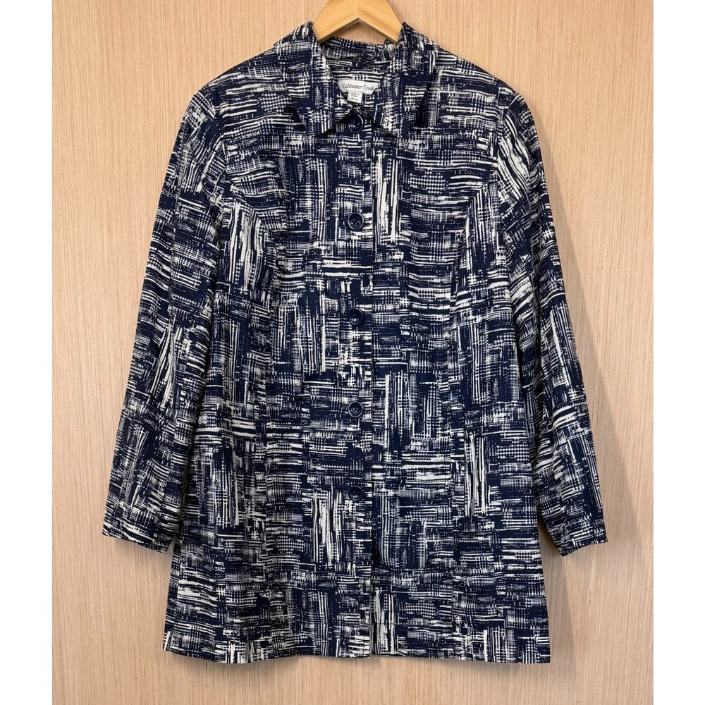 Coldwater Creek Abstract Print Rain Trench Jacket Womens Size XL 16 Navy Pockets